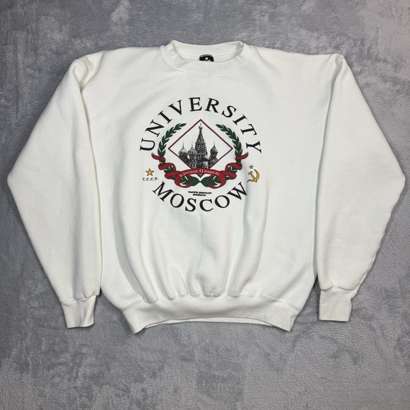 Vintage Moscow University Sweatshirt Men XL White Crewneck College 90s